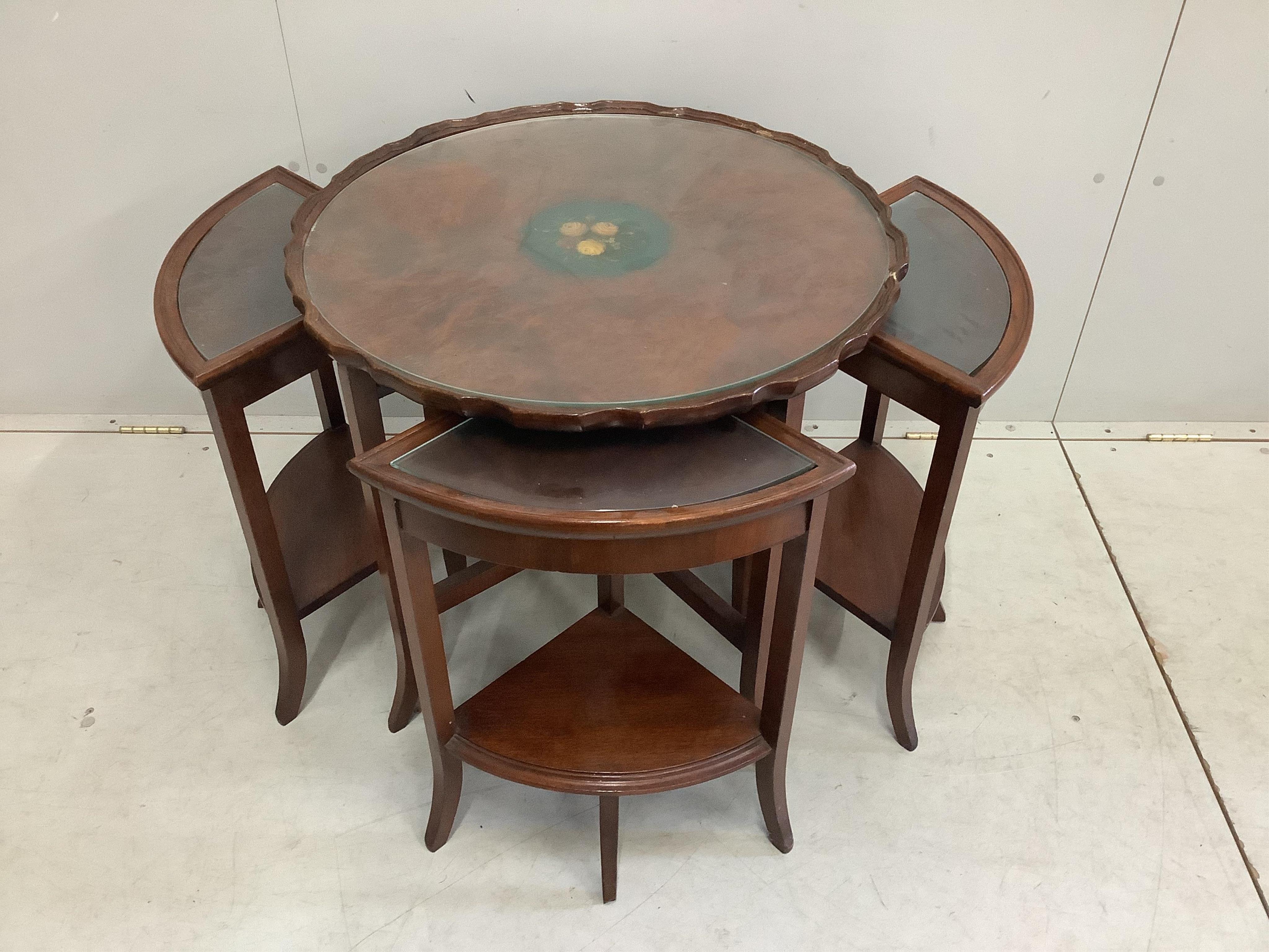 Four (two pairs) George I style painted walnut caned chairs and a similar circular nest of tables. Condition - fair